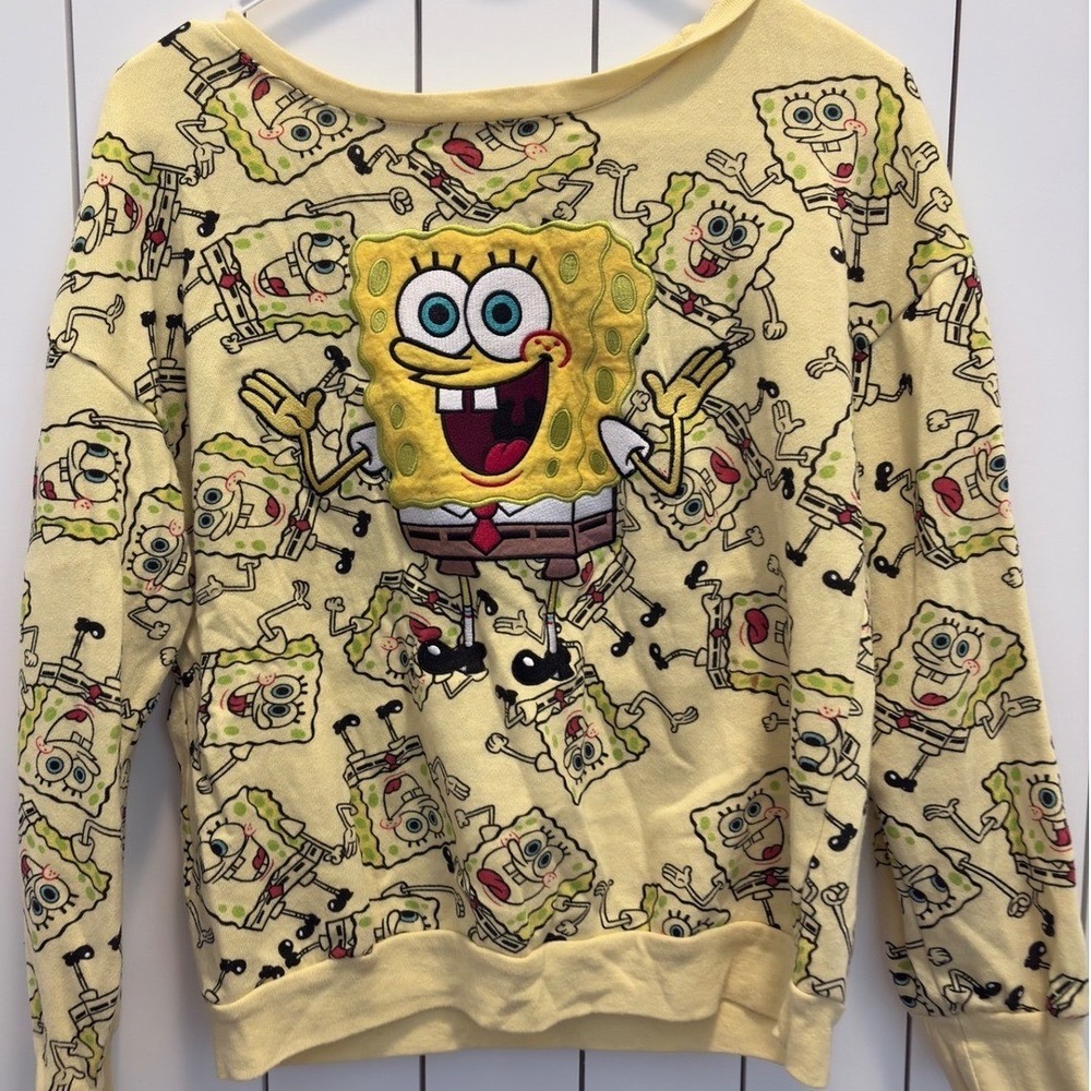 SpongeBob Sweatshirt Y2K kid Small‎ Yellow Embroidered Patch Cartooncore